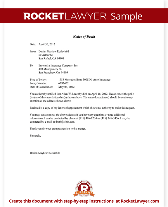 Notice of Death to an Insurance Company Letter (Template With ...