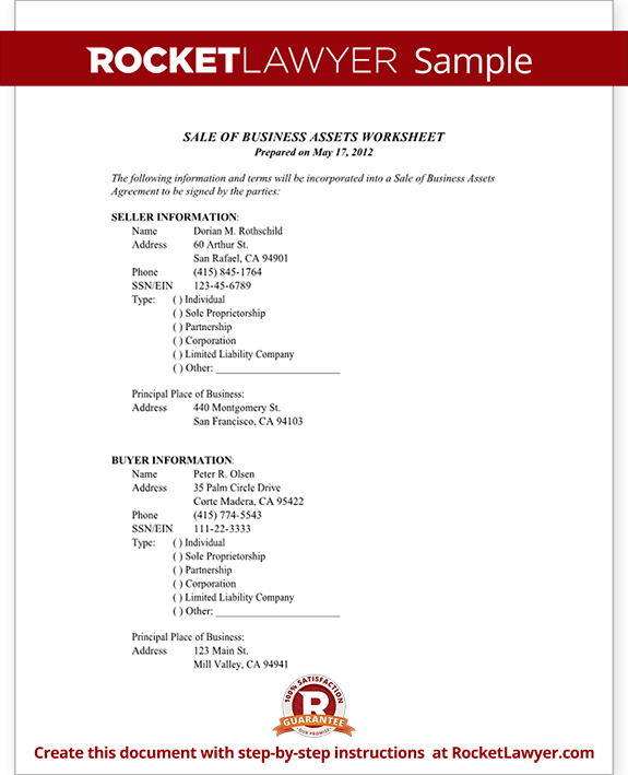Sale of Business Assets Worksheet Form Template Sale of Business Assets Worksheet Form Template