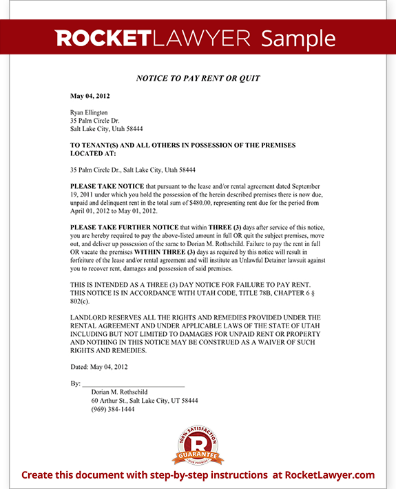 Eviction Notice Utah - 3 Day Notice to Pay Rent or Quit ...