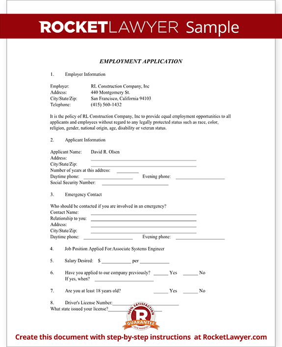 Sample Employment Application Form Template