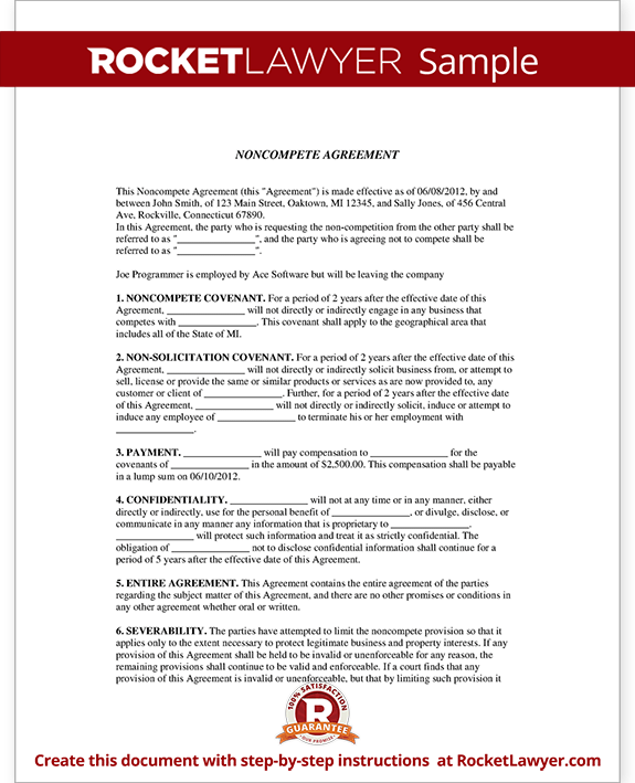 NonCompete Agreement Form NonCompete Clause with Sample NonCompete Agreement Form NonCompete Clause with Sample