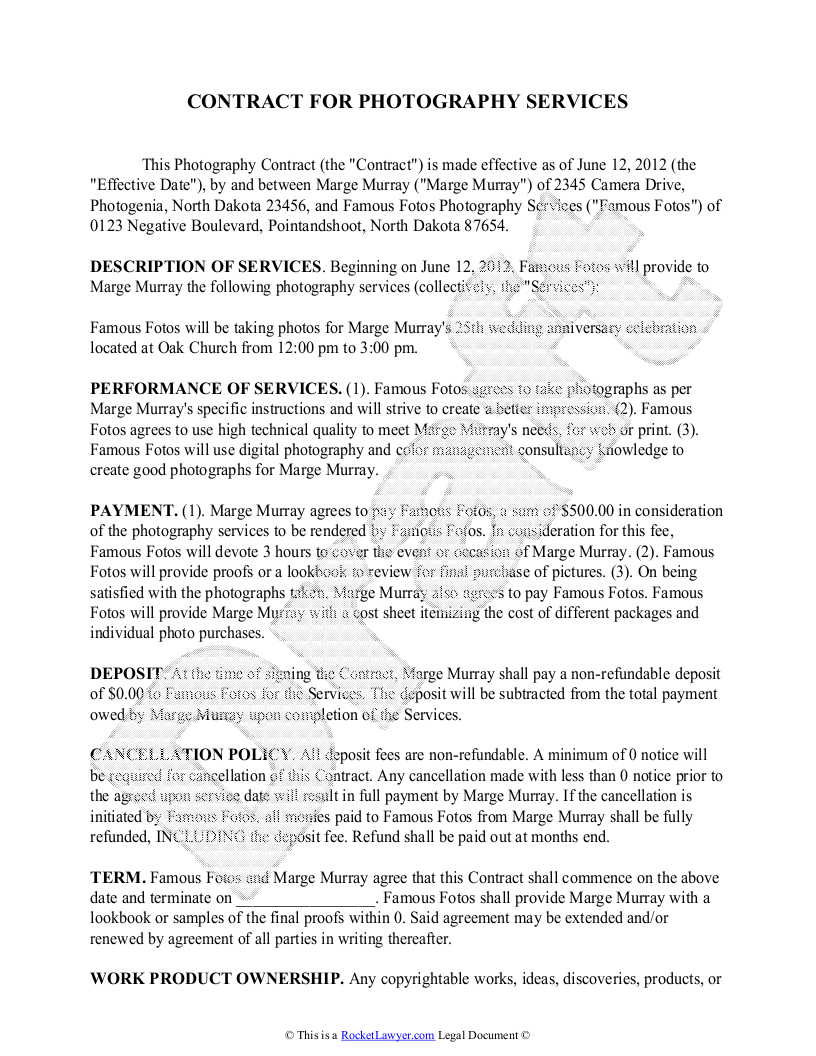Photography Contract Template Free Sample for Wedding, Portrait