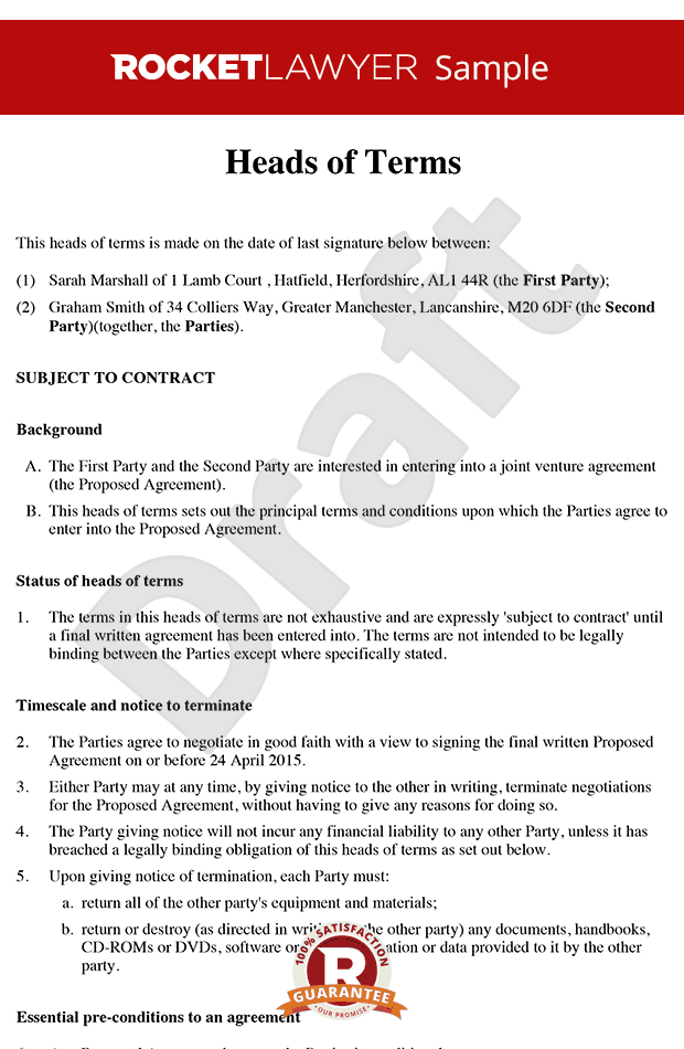 Heads Of Terms Sample Heads Of Agreement Template