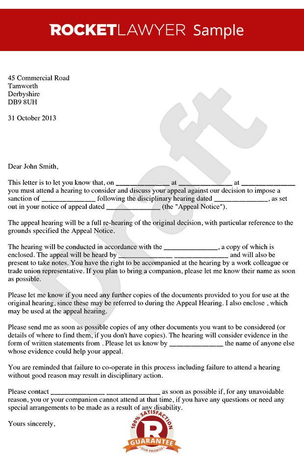 Poor Performance Appeal Hearing Letter - Notice of Poor 