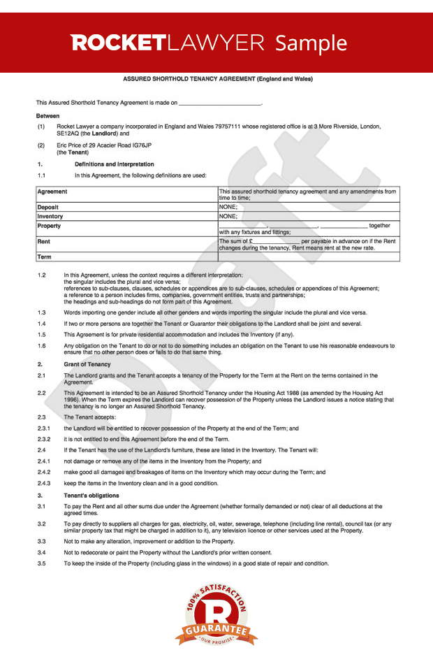 Tenancy Agreement Template - Shorthold Tenancy Agreement UK