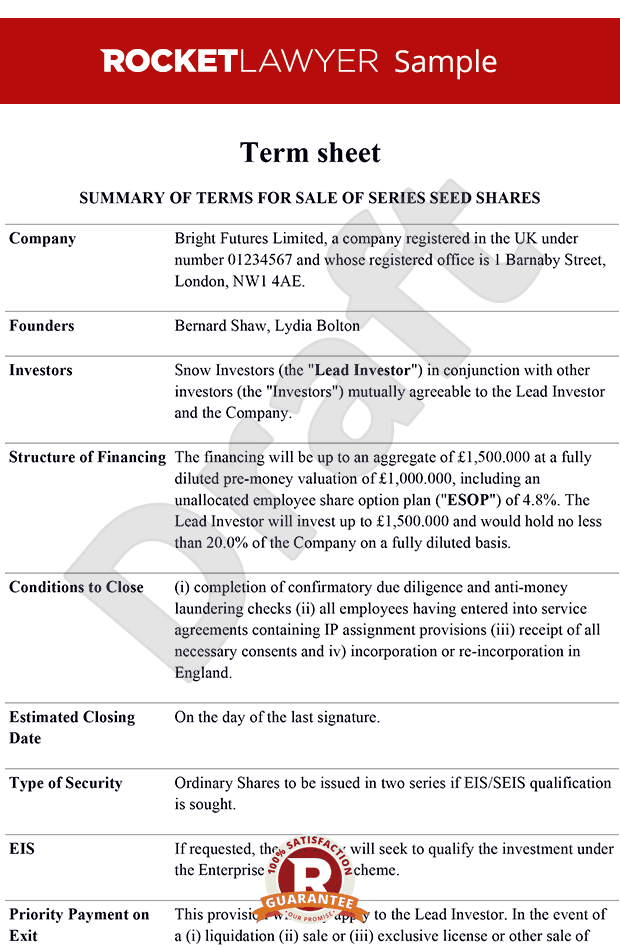Term sheet Term sheet template Term sheets