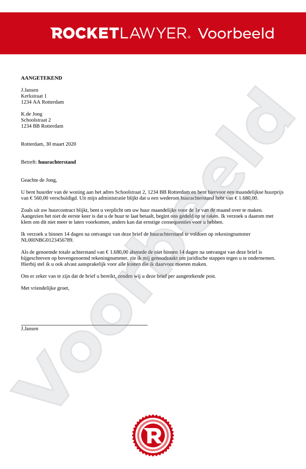 Brief Huurachterstand Woonruimte Opstellen Gratis