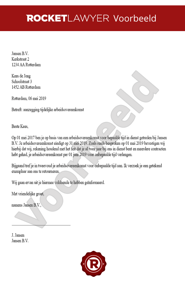 Brief omzetting tijdelijk naar vast contract