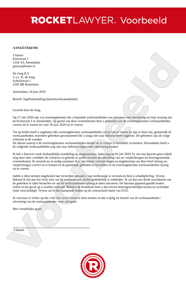 Ingebrekestelling Aannemer Opstellen Gratis