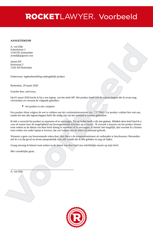 Ingebrekestelling Ondeugdelijk Product Opstellen