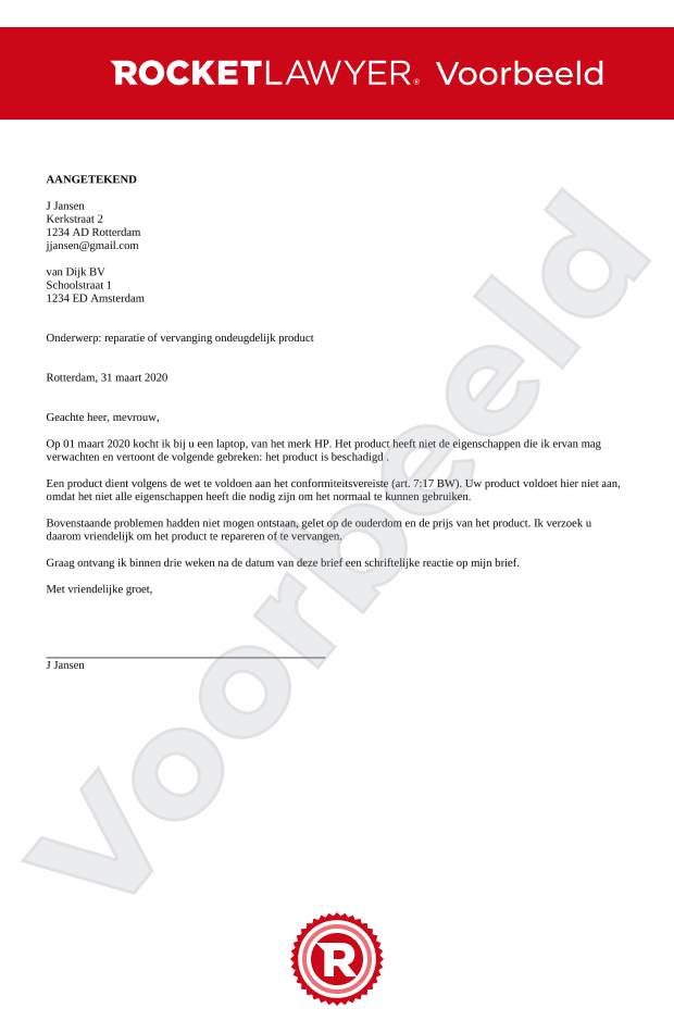 Verzoek Reparatie of Vervanging Product Opstellen