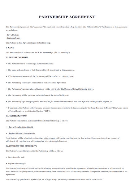 Partnership Agreement Document Template
