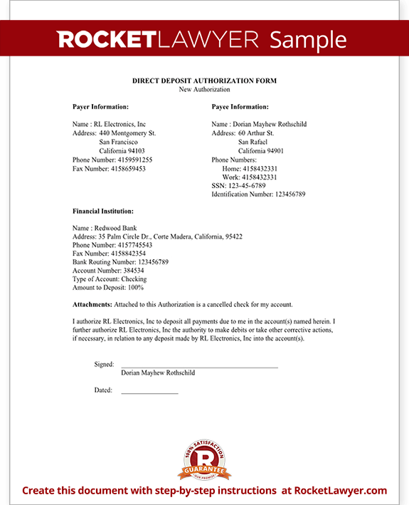 Direct Deposit Authorization Form Template from www.rocketlawyer.com