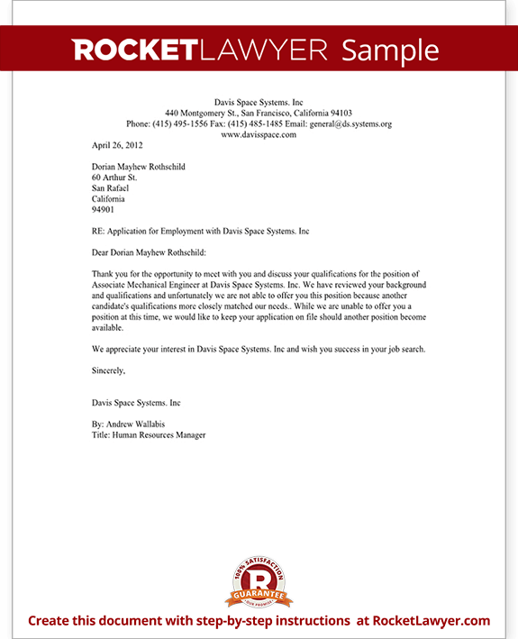 Application Rejection Letter Sample from www.rocketlawyer.com