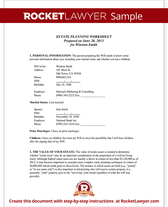 Printables Estate Planning Worksheet estate planning worksheet for married couples rocket lawyer sample people