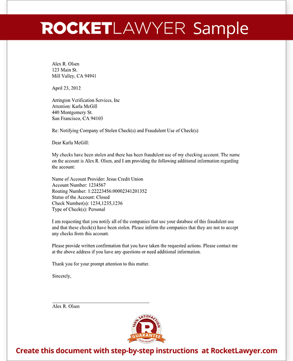 Sample Letter to Notify a Check Verification Company of Stolen Checks or a Fraud Alert Form Template