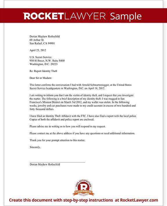 Letter to Report an Identity Theft to the Secret Service (Template With