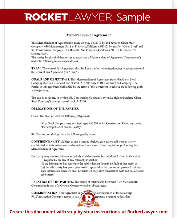 Free Memorandum Of Agreement Free To Print Save Download