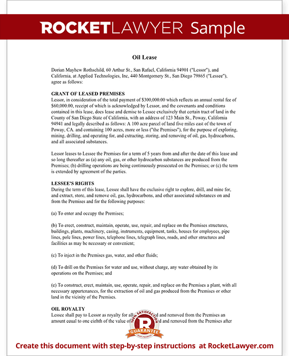 Oil and Gas Lease Terms and Provisions Form for Oil Lease