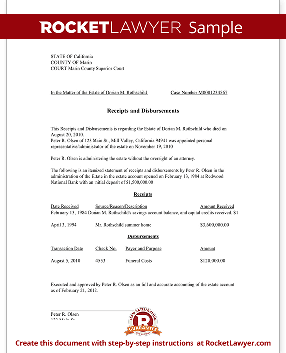 Cash Receipts And Disbursements Statement For Estate Administration Statement Of Receipts And Disbursements Template