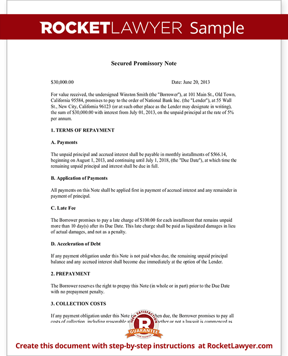 Sample Secured Promissory Note Form Template