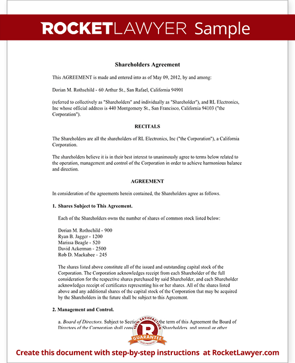 Sample Shareholder Agreement Form Template